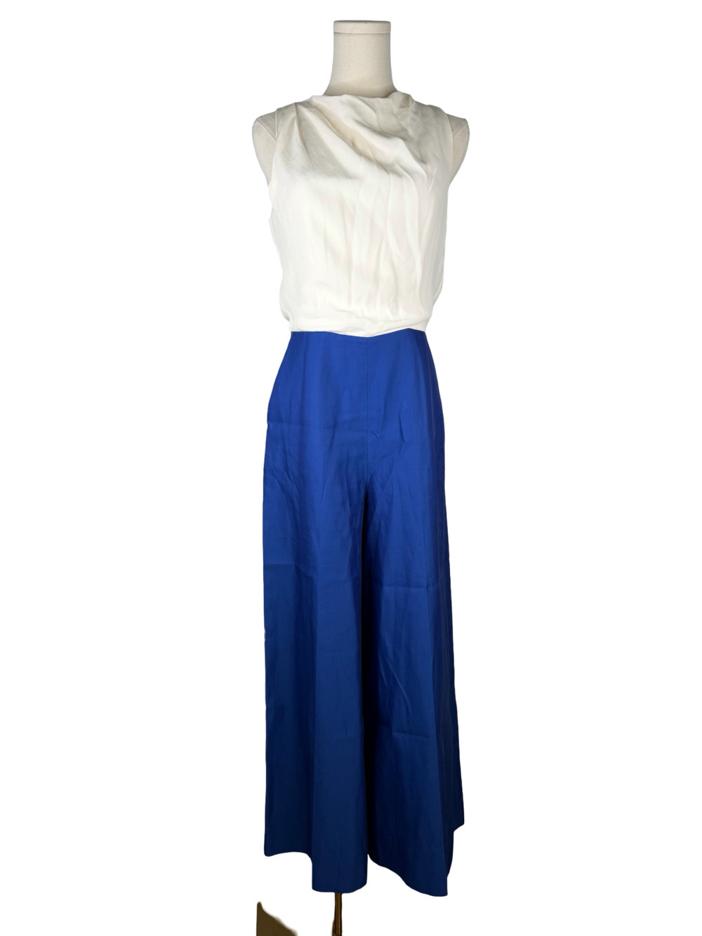 Max Mara Sleeveless Jumpsuit Style Set White Blouse Blue Wide-Leg Pants Sz 6